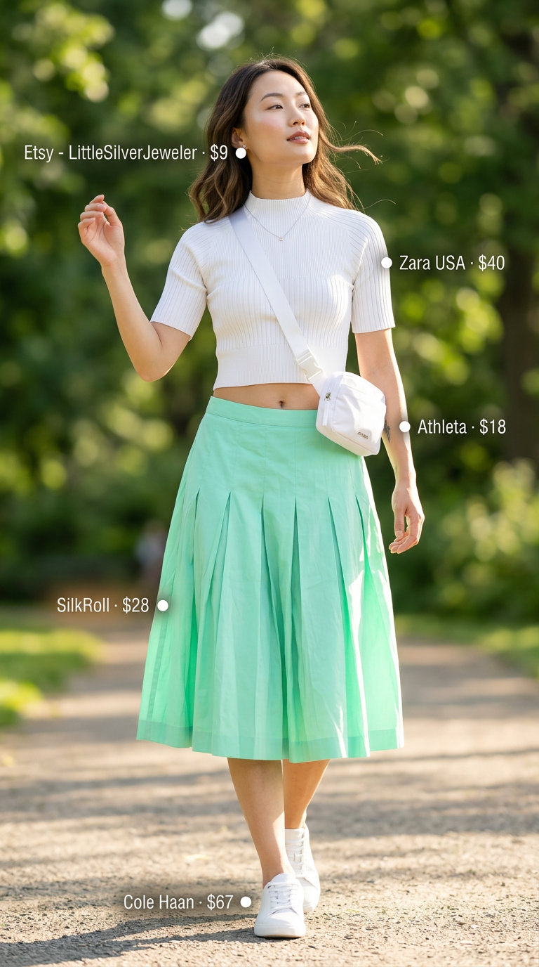 Mint green A-line midi skirt with white crop top and sneakers for pastel summer outfits for women 2026.