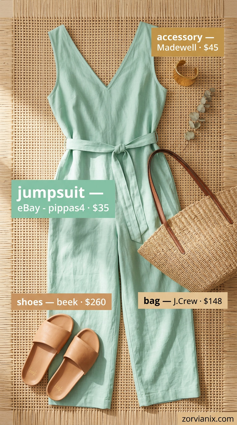 Mint green linen jumpsuit for pastel summer outfits for women 2026. Chic vacation look with straw tote and gold sandals.