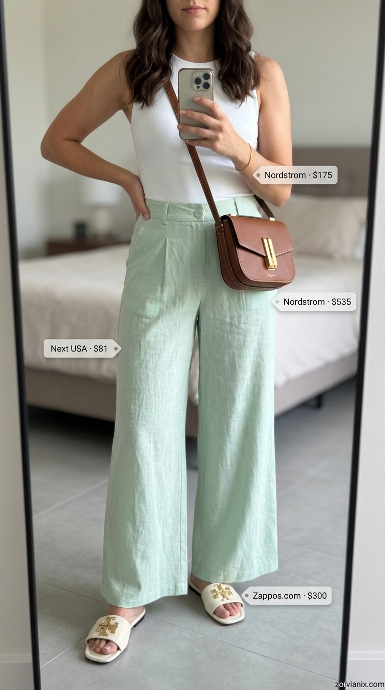 Muted mint green linen set with wide-leg pants and cropped tank for pastel summer outfits for women 2026.