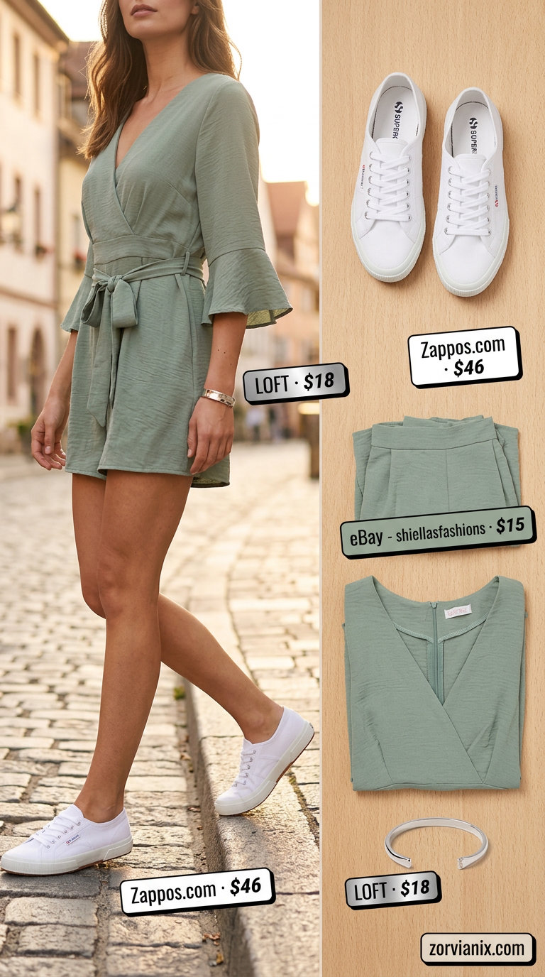Pastel mint green romper with tie-waist and white sneakers for pastel summer outfits for women 2026.