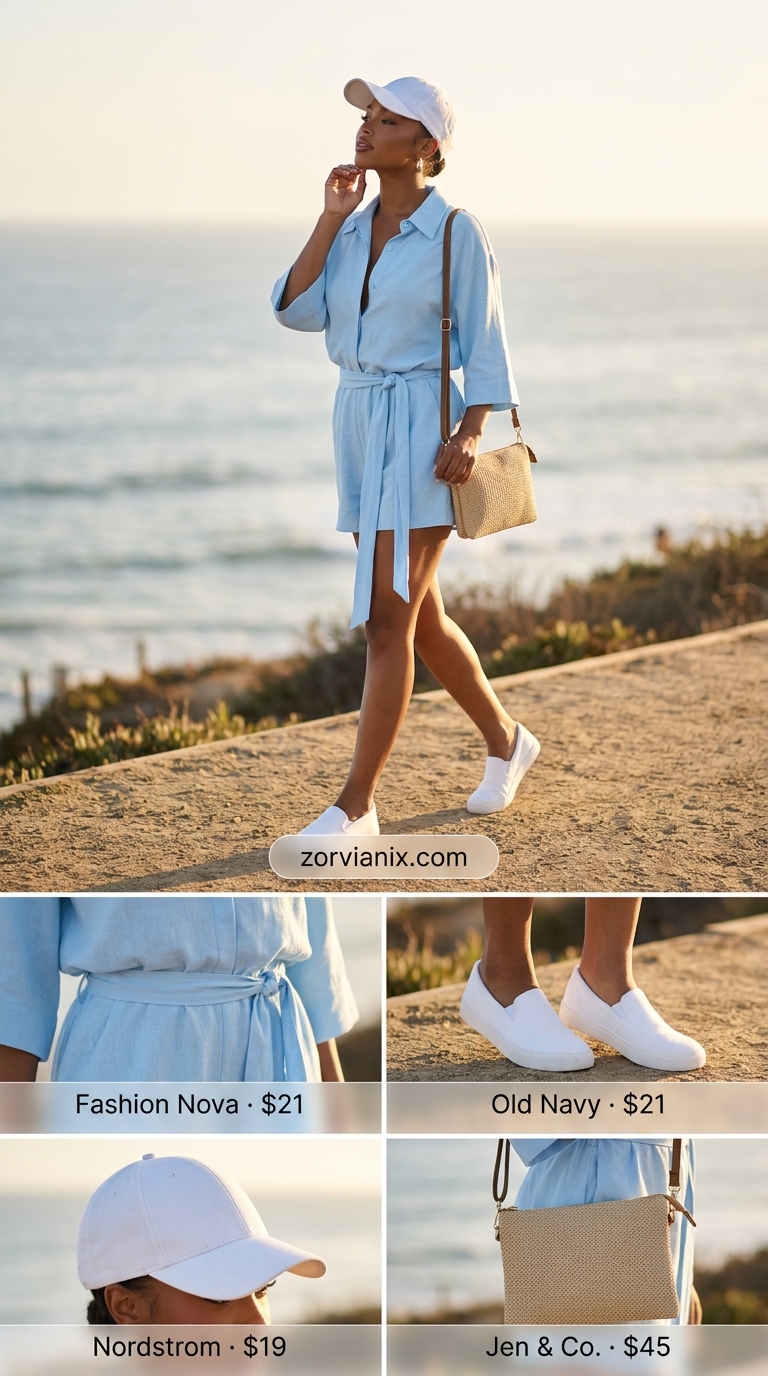Pastel summer outfits for women 2026: Blue romper, white sneakers, white cap, straw bag for a casual beach trip.