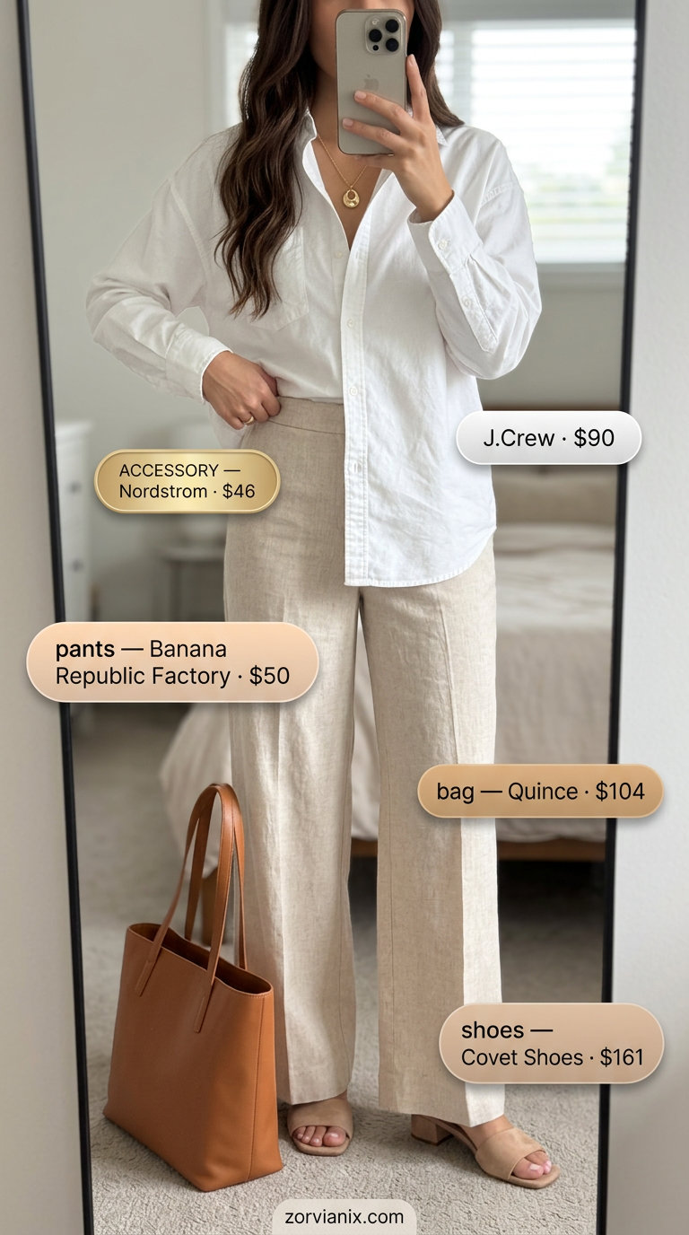 Peach linen pants for pastel summer outfits for women 2026. Chic brunch look with white shirt and tan mules.