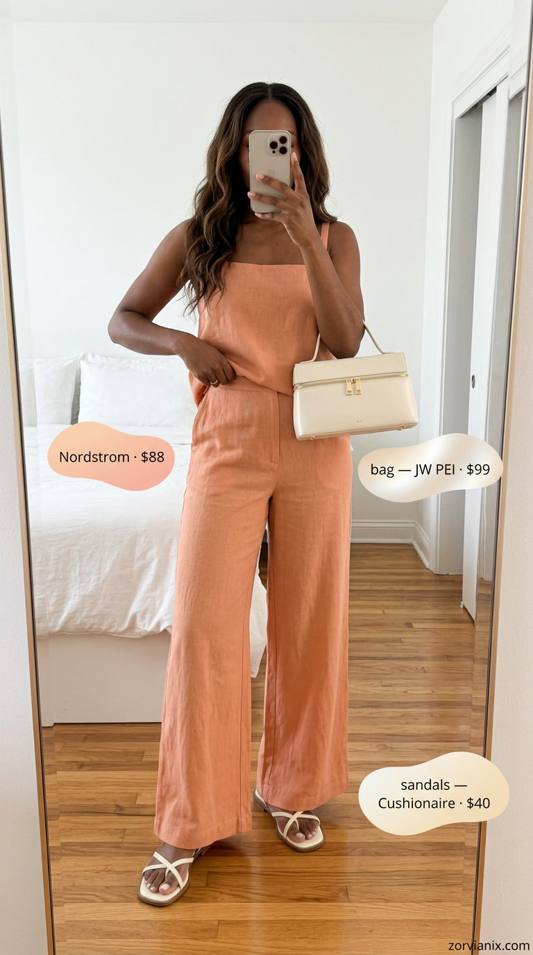 Pastel summer outfits for women 2026: Peach linen set, white sandals, gold bracelet, cream bag for a casual party.