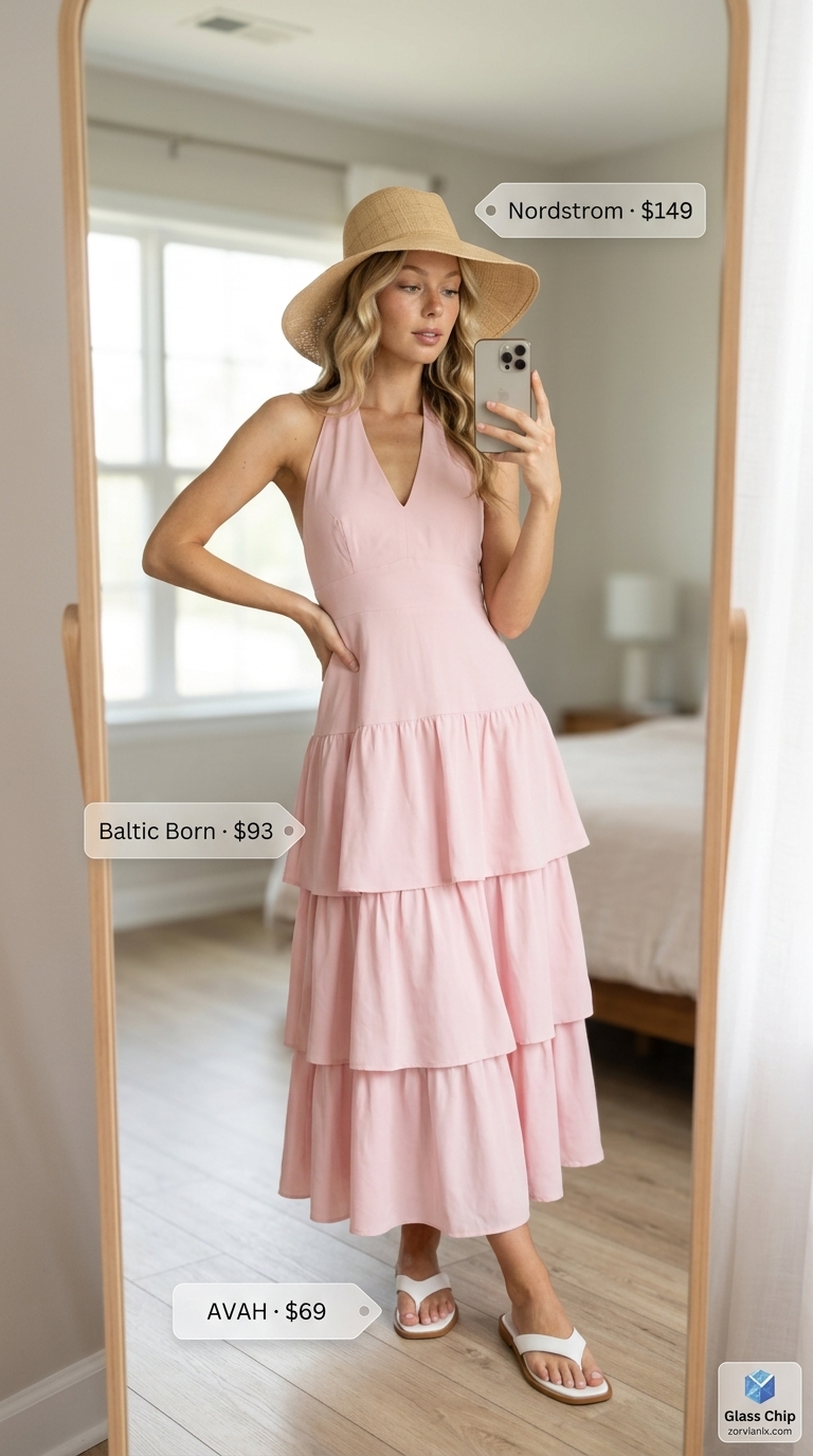 Pastel summer outfits for women 2026: Pink maxi dress, straw hat, white sandals, straw tote for a beach day.