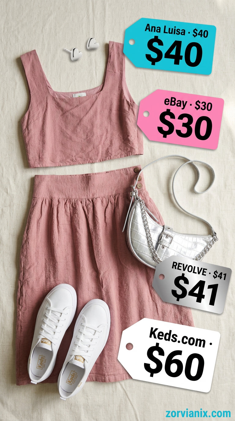 Pastel pink skirt set for pastel summer outfits for women 2026. Sweet daytime look with white sneakers and silver bag.