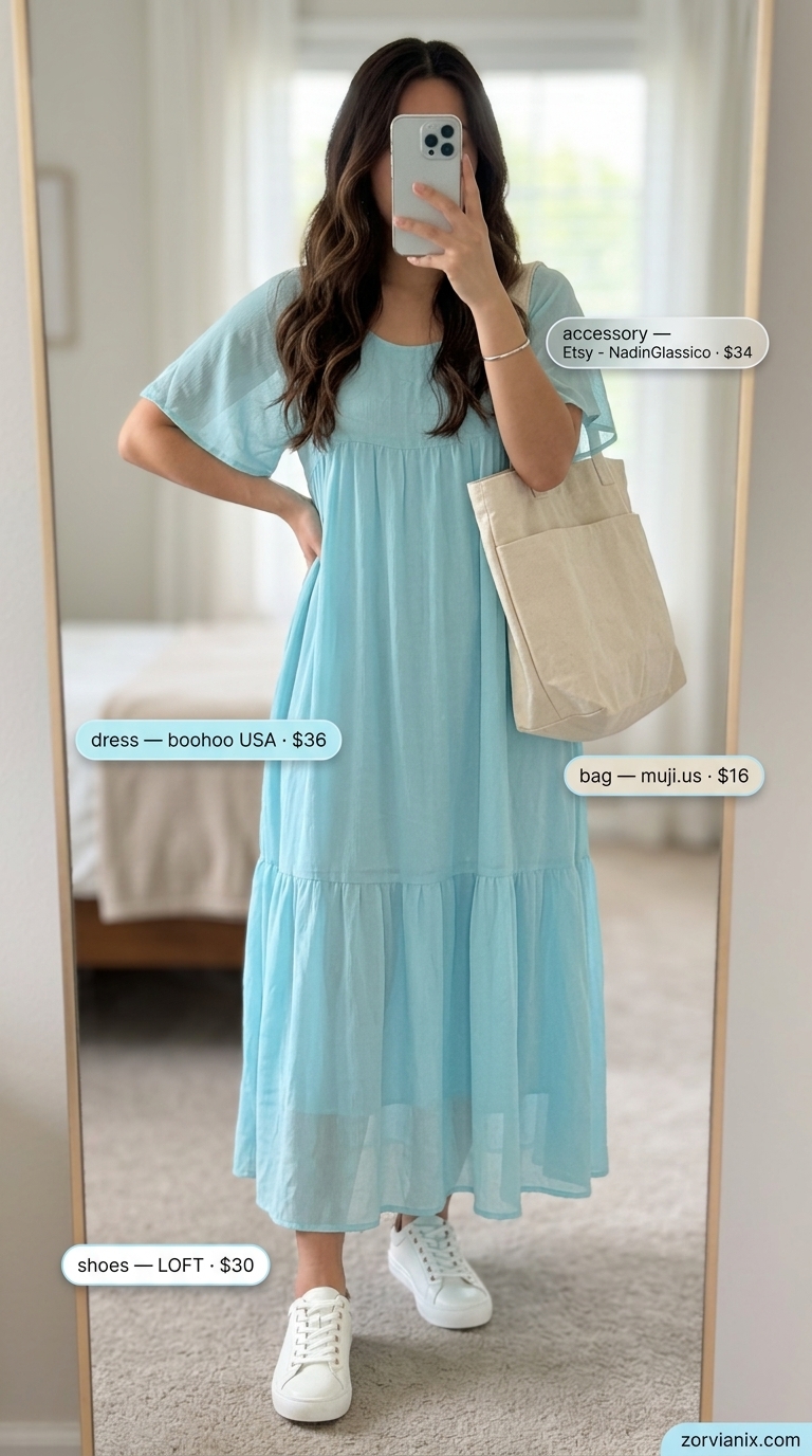 Pastel summer outfits for women 2026: Sky blue midi dress, white sneakers, canvas tote for a casual day.