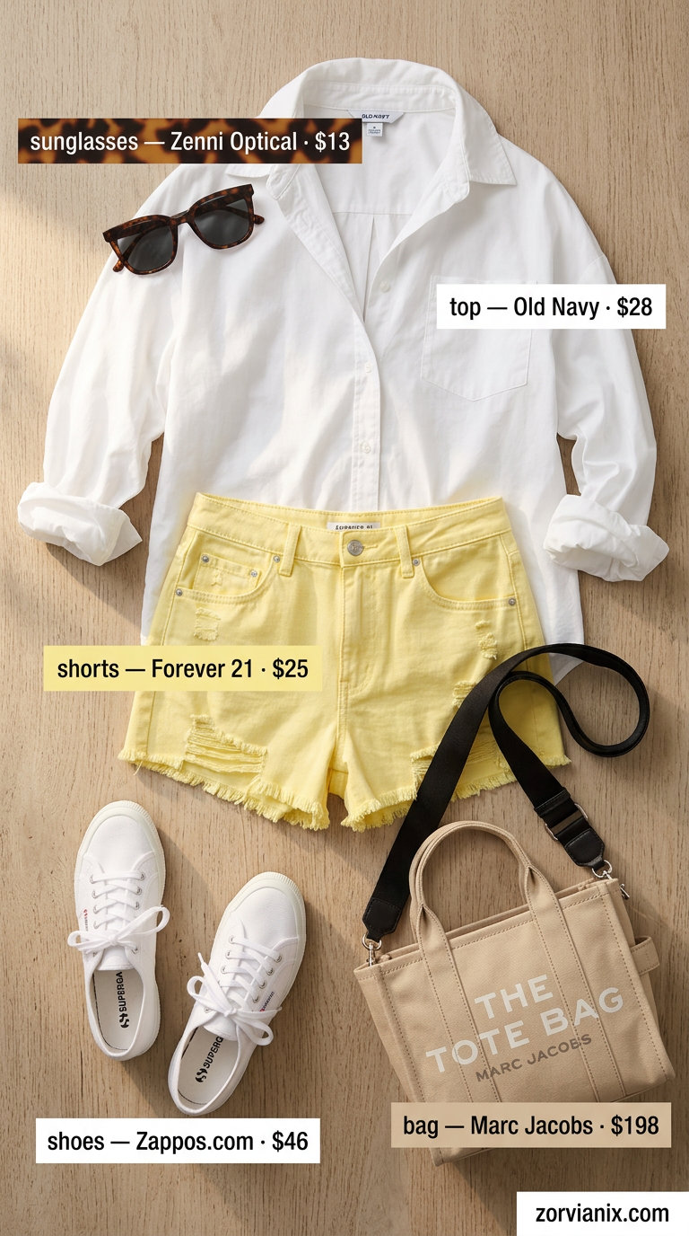 Yellow denim shorts with an oversized white shirt and canvas sneakers for pastel summer outfits for women 2026.