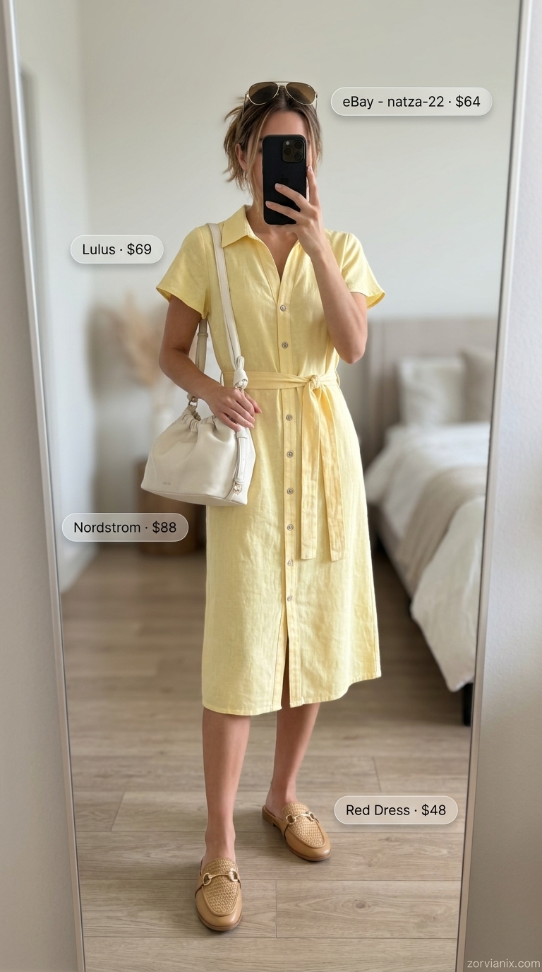 Pastel yellow linen midi shirt dress with tan mules and white crossbody bag for pastel summer outfits for women 2026.