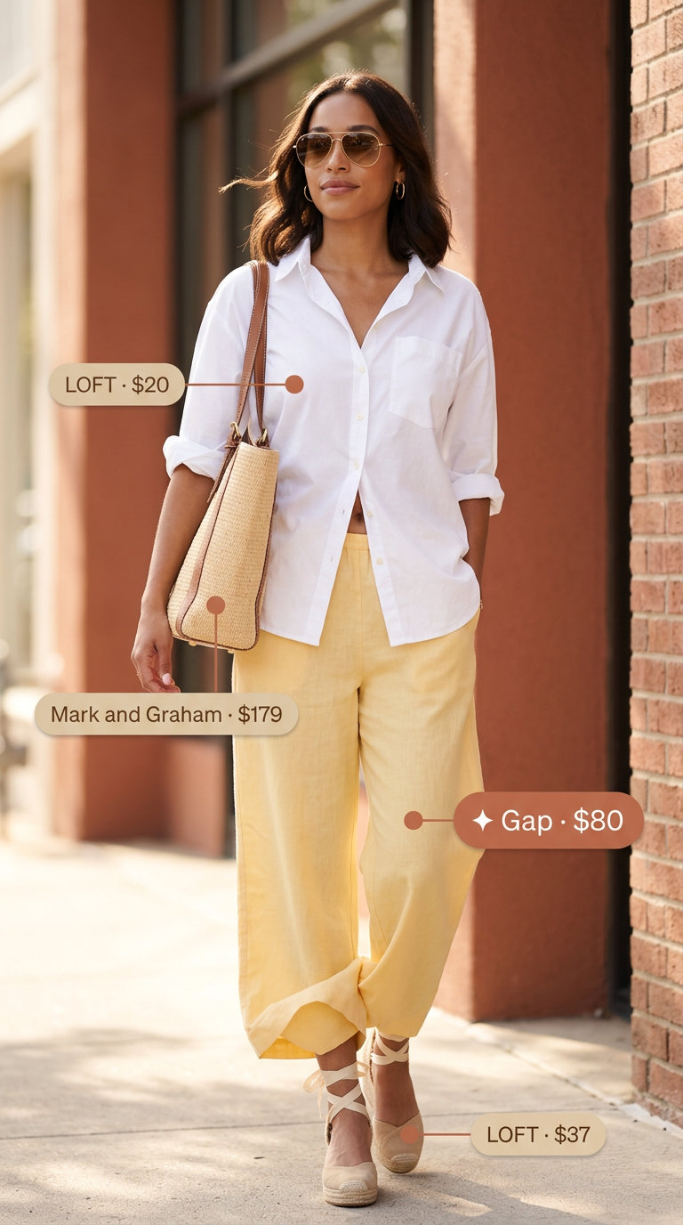 Pastel summer outfits for women 2026: Yellow linen pants, white shirt, tan espadrilles, raffia bag for brunch.