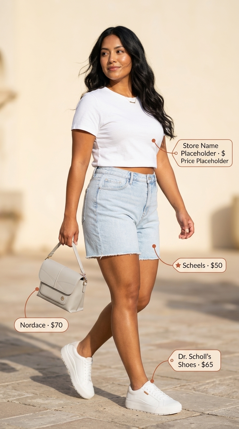 Plus size summer outfits for women 2026: Light wash denim shorts, oversized white shirt, crossbody bag for casual day out.