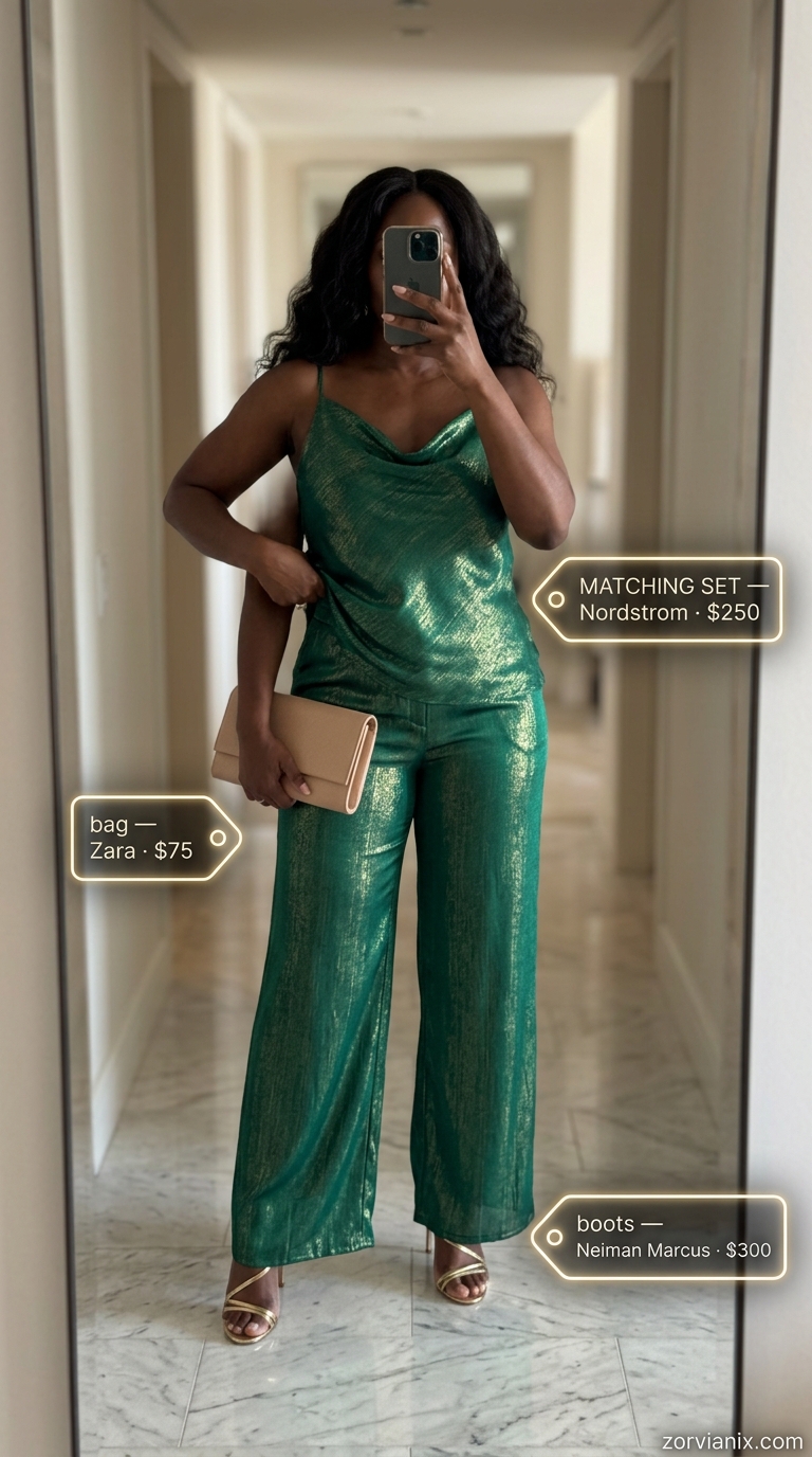 Plus size summer outfits for women 2026: Emerald green satin matching set, gold sandals for resort evening.