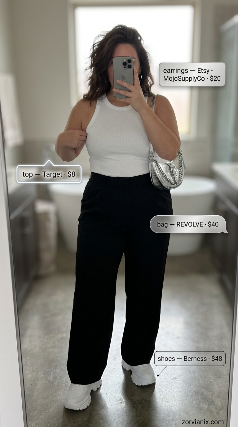 Plus size summer outfits for women 2026: Fuchsia pink matching set, white tank, chunky sneakers for city stroll.