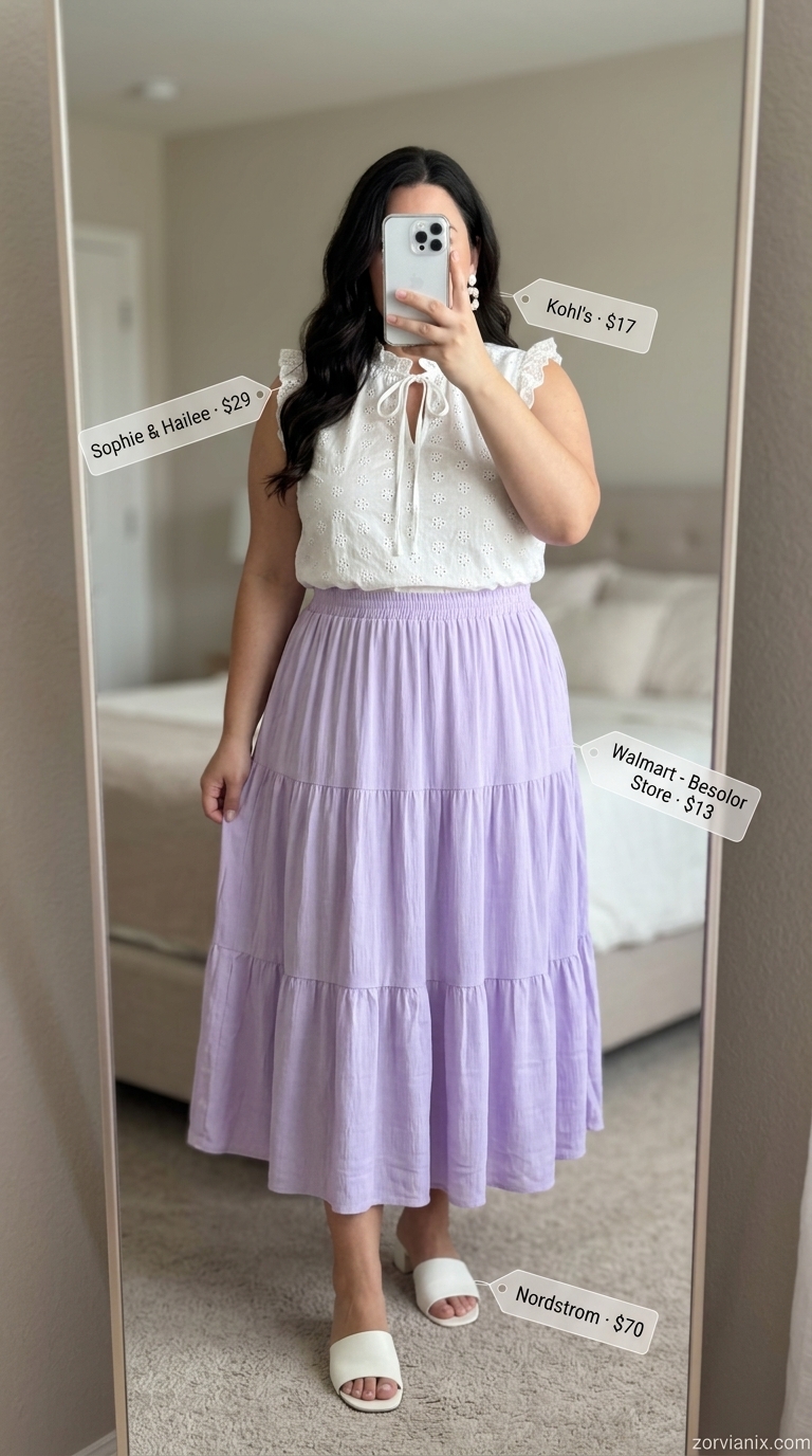 Plus size summer outfits for women 2026: Lavender tiered midi skirt, white eyelet blouse, pearl bag for garden party.
