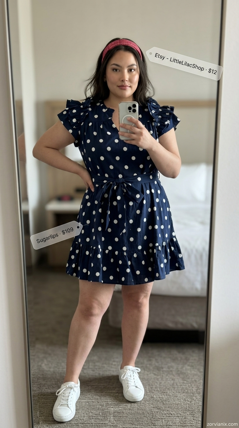 Plus size summer outfits for women 2026: Navy polka dot babydoll dress, white sneakers, red headband for brunch.