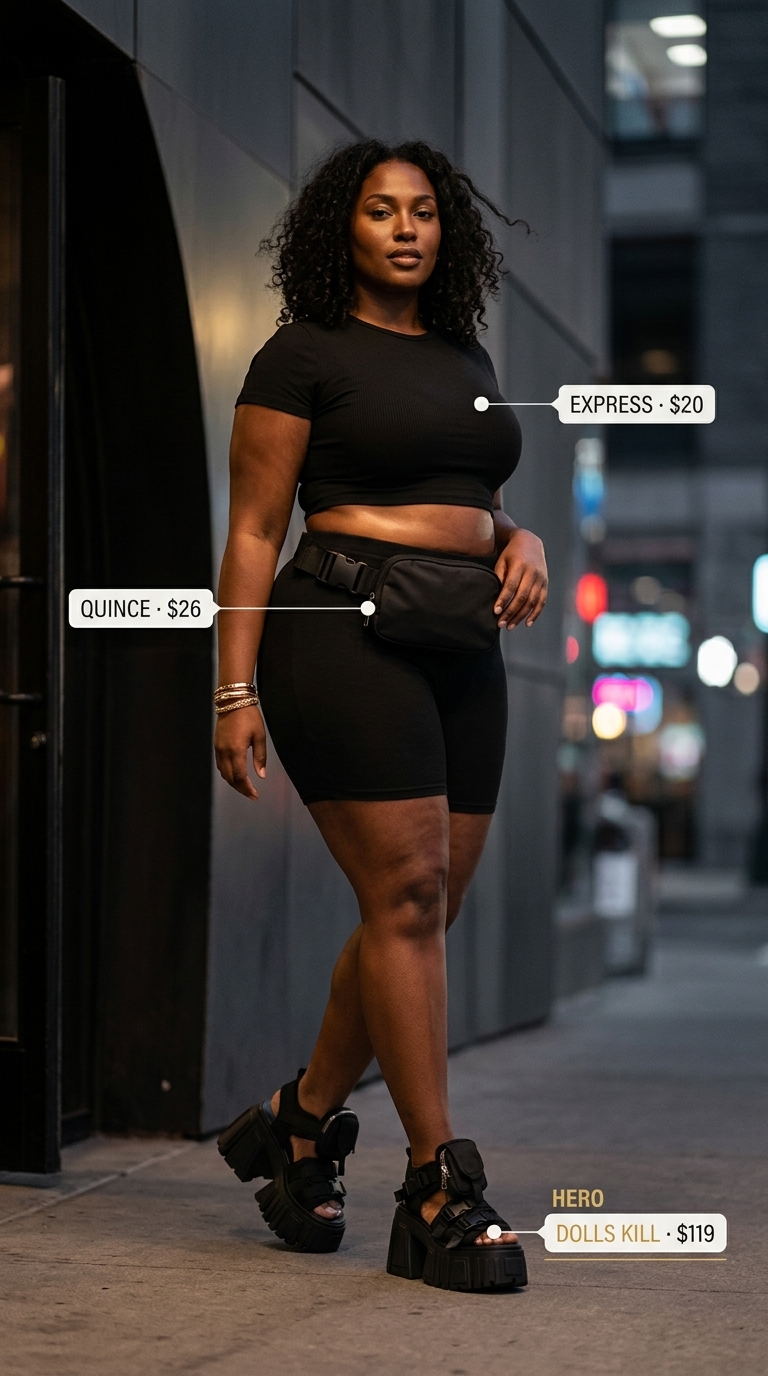 Plus size summer outfits for women 2026: Olive green cargo pants, black tee, chunky sandals for urban exploration.