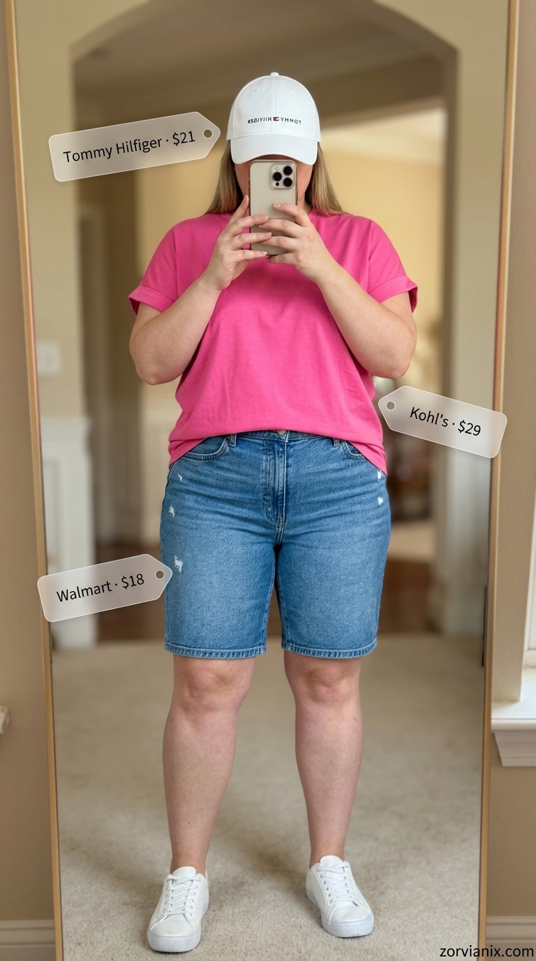 Plus size summer outfits for women 2026: Bright pink tee, denim Bermuda shorts, canvas tote for park picnic.