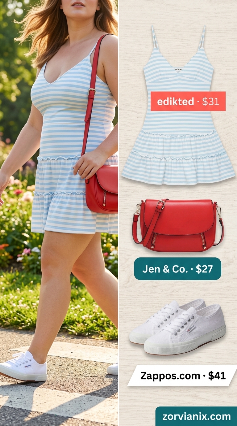 Plus size summer outfits for women 2026: Sky blue stripe dress, white sneakers, cherry red crossbody bag for picnic.