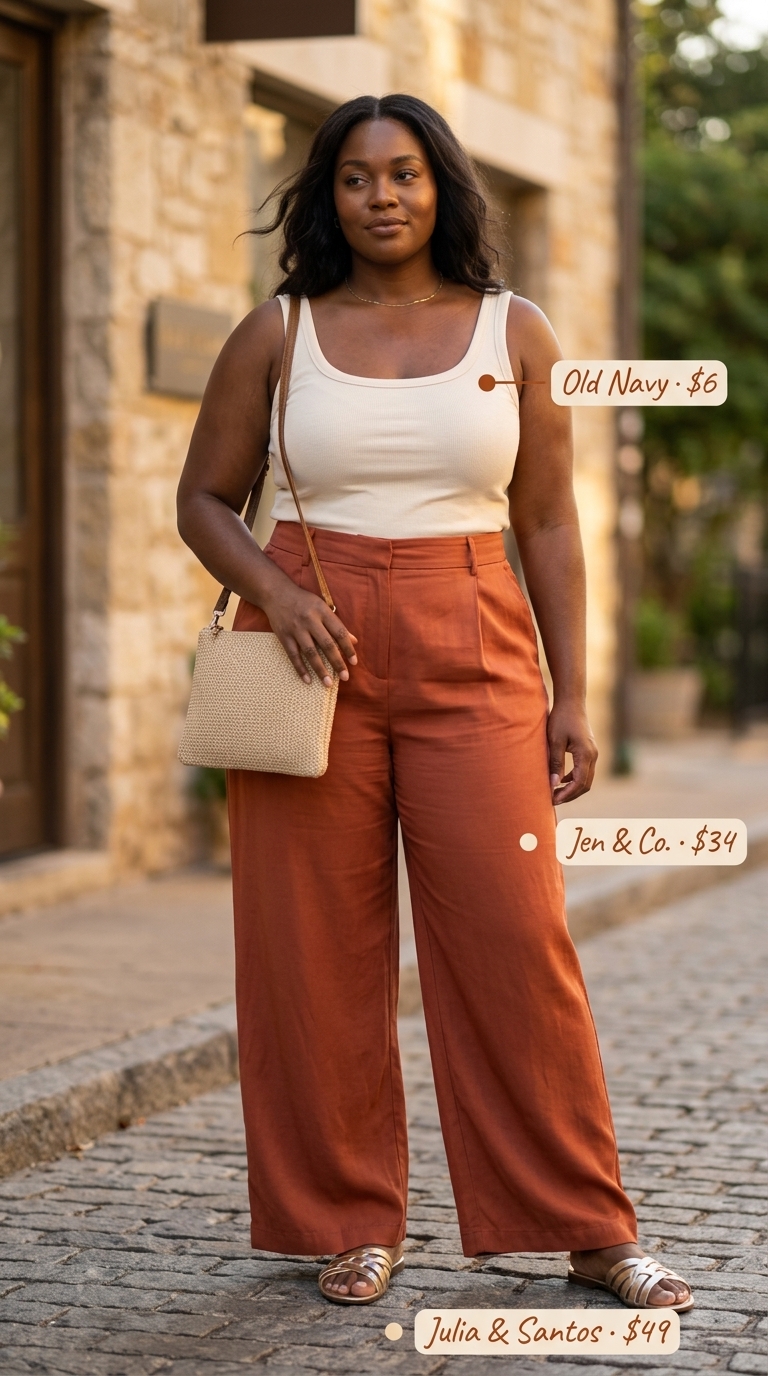 Plus size summer outfits for women 2026: Terracotta wide-leg pants, cream tank, gold sandals for evening out.