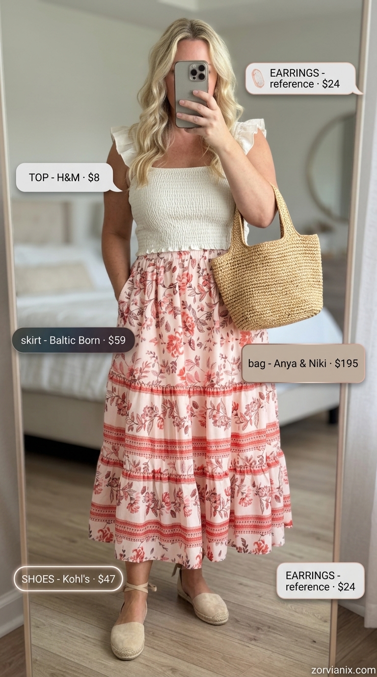 Plus size summer outfits for women 2026: Pink tiered skirt, white crop top for a feminine garden party look.