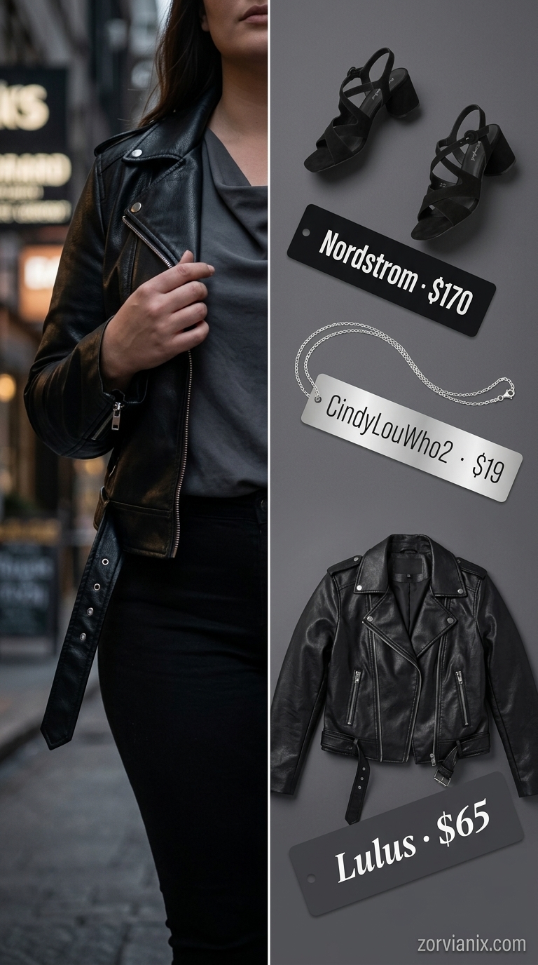 Plus size summer outfits for women 2026: Charcoal knit dress, biker jacket, strappy sandals for urban edge.