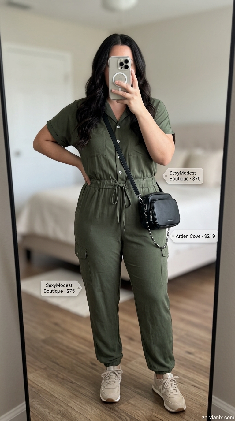 Plus size summer outfits for women 2026: Olive utility jumpsuit, black platform sandals for city safari chic.