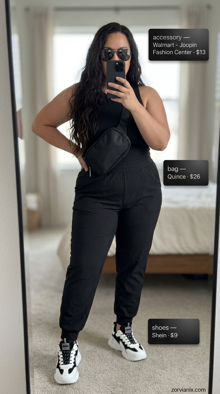 Plus size summer outfits for women 2026: Khaki cargo pants, black tank, chunky sneakers for casual adventure.