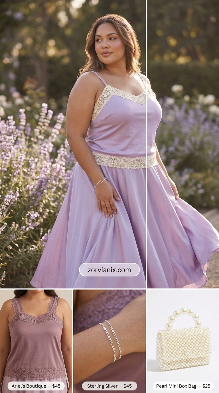 Plus size summer outfits for women 2026: Romantic lavender skirt, cream cami, silver mules for a garden party.