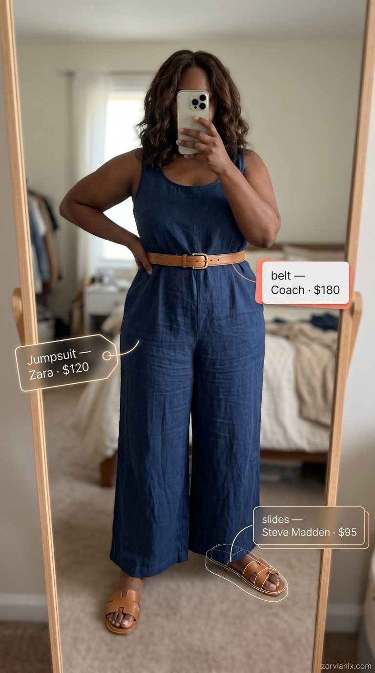 Plus size summer outfits for women 2026: Navy wide-leg jumpsuit with tan espadrilles for a chic nautical look.