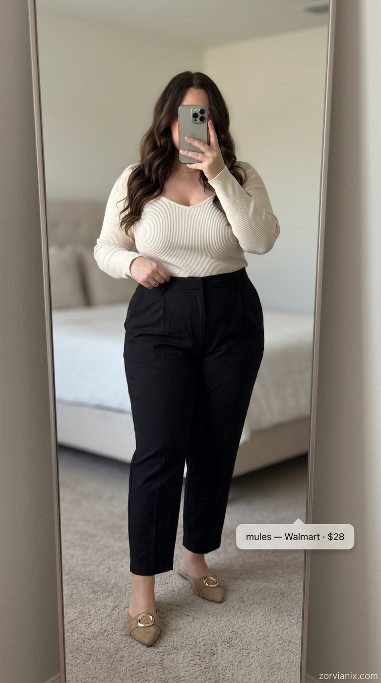 Plus size summer outfits for women 2026: Navy shirt dress, tan mules, tan bag for boardroom to brunch.