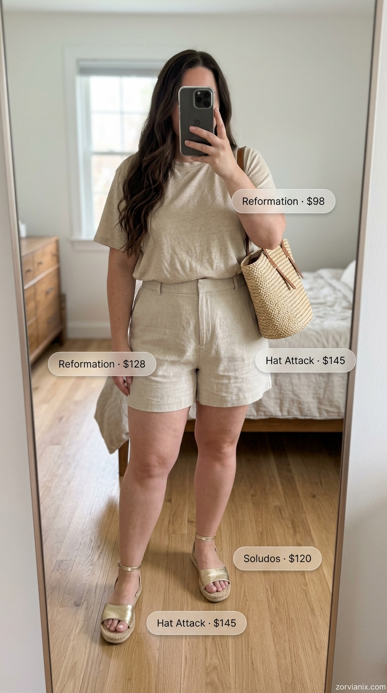 Plus size summer outfits for women 2026: Relaxed sand shorts, white shirt, straw hat for a weekend getaway.