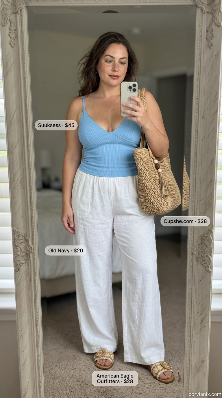 Plus size summer outfits for women 2026: White linen pants, sky blue camisole for a relaxed seaside ensemble.