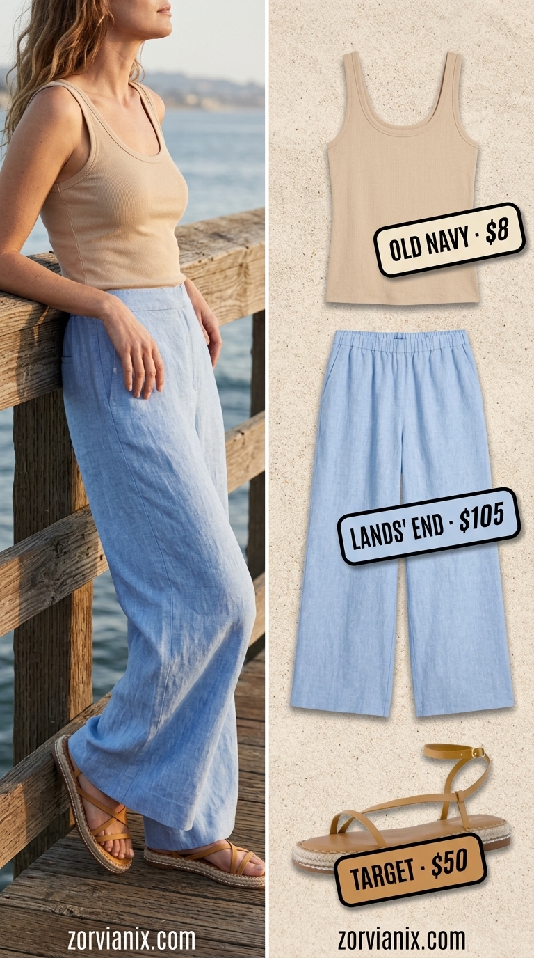 Plus size summer outfits for women 2026: Sky blue linen pants, cream tank top for a serene seaside stroll.