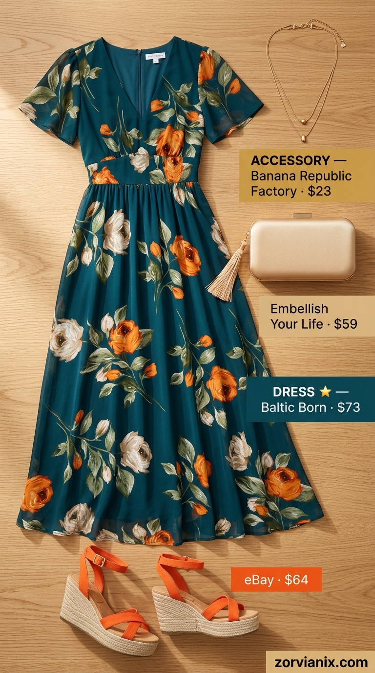 Plus size summer outfits for women 2026: Teal floral maxi dress, espadrilles, gold clutch for a bohemian evening.