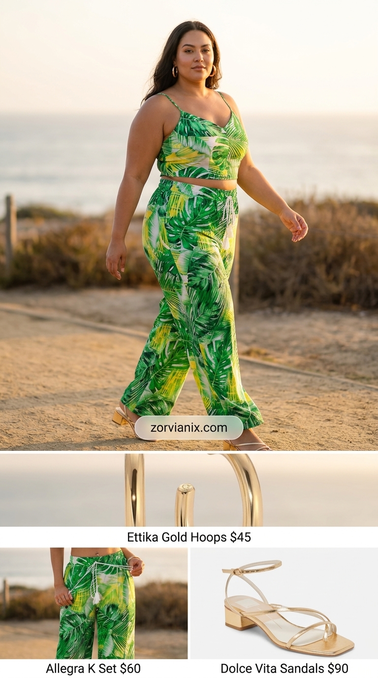 Plus size summer outfits for women 2026: Tropical print set with gold sandals for a vibrant vacation look.