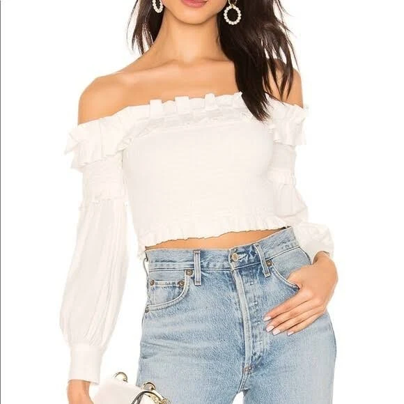 top $208 Majorelle "celeste" Smocked Off The Shoulder Crop Top - Ivory - eBay - momnmaid $12.64