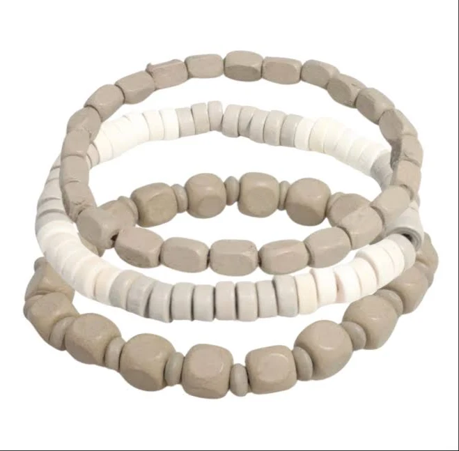 accessory 3pc Neutral Wood Bead Bracelet Stack Golden Zen Boutique $10