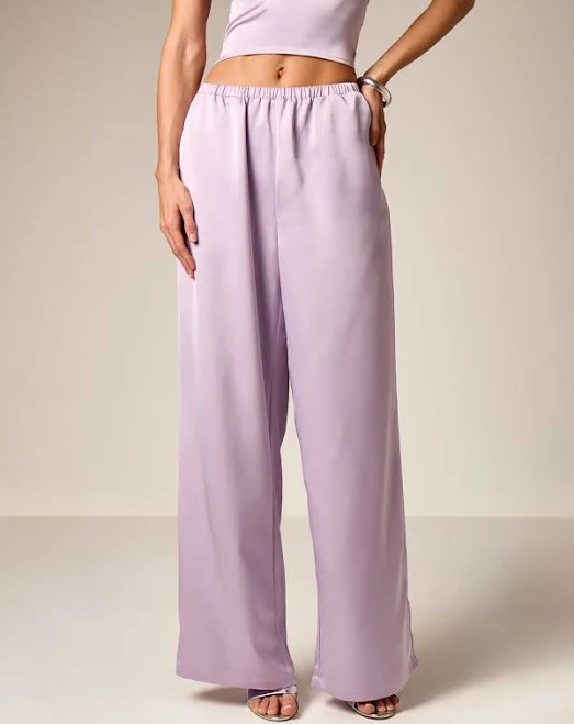 matching set AiiRZ Relaxed High Rise Satin Palazzo Wide Leg Casual Trousers With Elastic Waistband Spring Summer Loungewear missguided $14.8