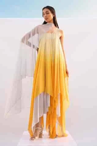 kaftan Akhl Yellow Chiffon, Lurex Embroidery, Metallic Thread Ombre Kaftan with Scarf| AZA Fashions| Party Aza Fashions $554