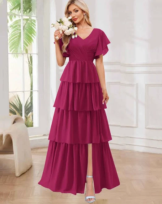 dress Alena Modest A-Line Tiered Ruffle Chiffon Bridesmaid Dress with Sleeves Pomuyoo $89