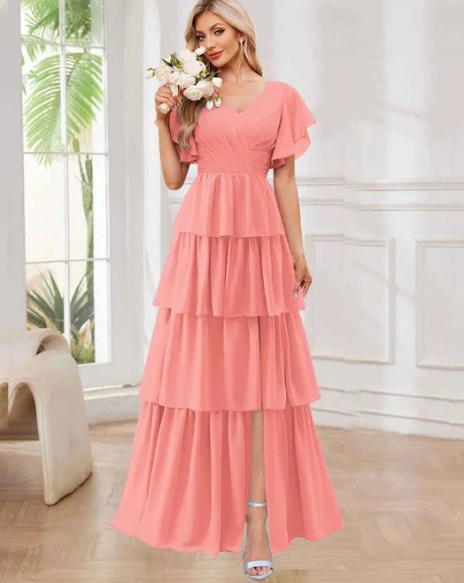 dress Alena Modest A-Line Tiered Ruffle Chiffon Bridesmaid Dress with Sleeves Pomuyoo $89