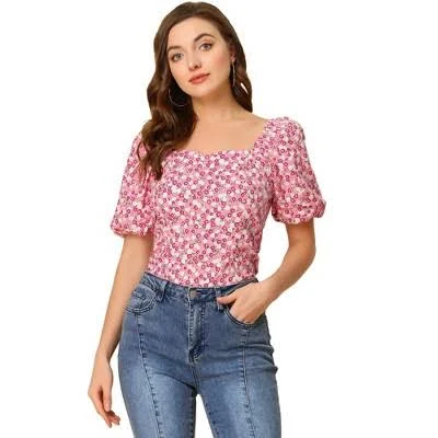top Allegra K Women's Puff Sleeve Square Neck Peasant Floral Blouse Top Target $29.99