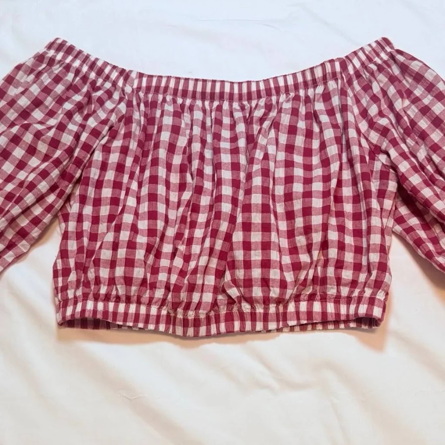 off-shoulder top Altar'd State Red/White Gingham Off Shoulder Crop Top - Size M - Puff Tie Sleeve - Women | Color: Red/White | Size: M Mercari $16