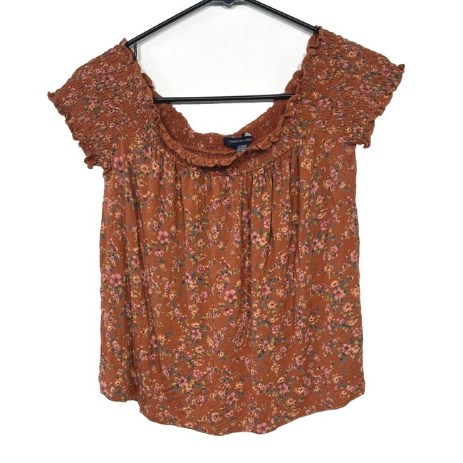 crop top American Eagle Off Shoulder Smocked Floral Top M Rust Orange Boho Romantic Y2K eBay $22.46