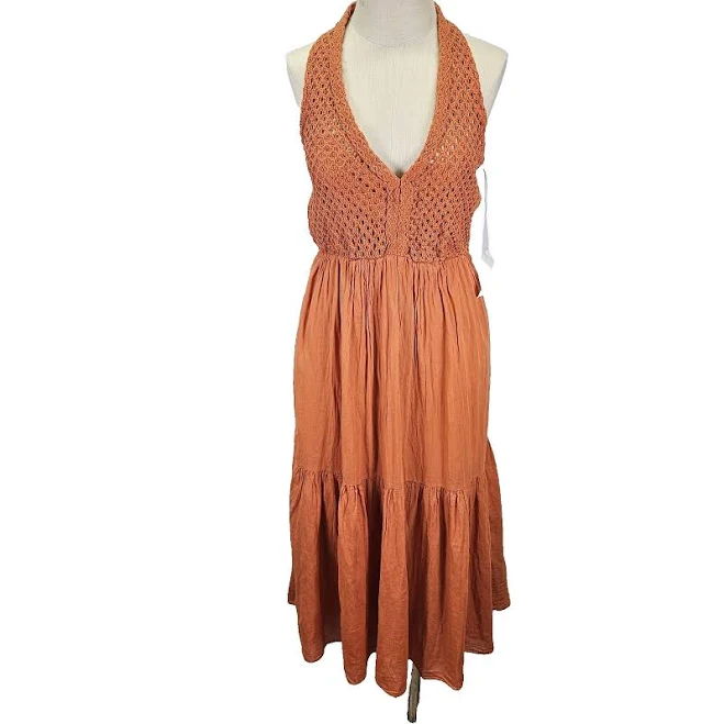 dress Amore Maxi Crochet Halter Neck Tiered Ruffle Dress Sz M Brown Resort eBay - martawaaa $34.99