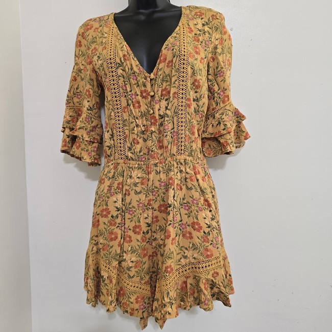 romper anthropologie OLIVACEOUS size Medium Floral Boho V Neck Romper Mustard Festival eBay $22