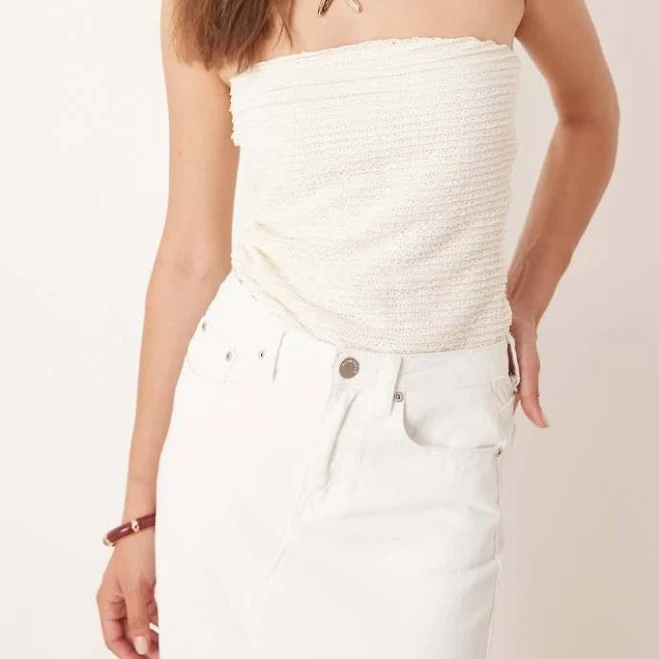 top ASOS DESIGN crochet semi sheer longline bandeau top in cream-White ASOS $11.39