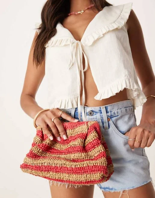 bag ASOS Design Straw Crochet Striped Grab Clutch in Red and natural-Multi ASOS $64.99