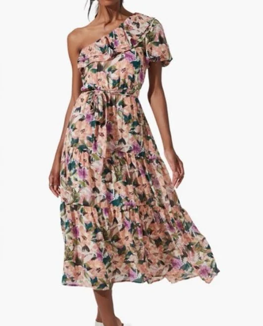 dress Astr Dresses | Astr One-Shoulder Floral Tiered Midi Dress In Blush Multi | Color: Green/Pink | Size: M | Anel22sanz's Closet Poshmark $37