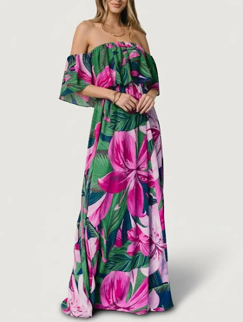 dress Baltic Born Womens Azalea Off Shoulder Maxi Dress | Green + Fuchsia Pink Floral | Size: XS Baltic Born $48.6