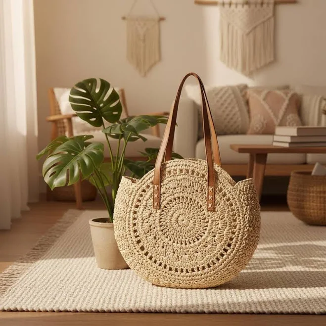bag Bohemian Woven Straw Beach Tote with Leather Handle Etsy - Seller $67.69